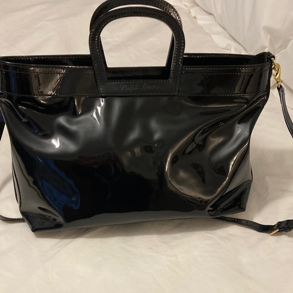 Spectacular brand new Ralph Lauren, black patent leather tote/shoulder strap